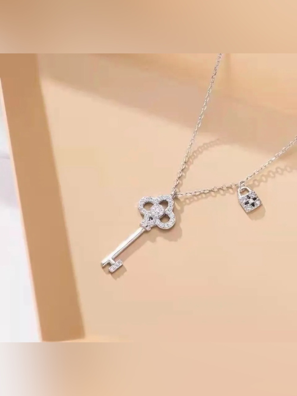 Silver Key Pendant Necklace with Pavé Cubic Zirconia